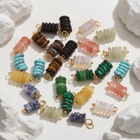 Stainless Steel Natural Stone Bead Charms DIY Jewelry Handmade Beads Cylindrical Tiger Eye Turquoise Pendants Accessories