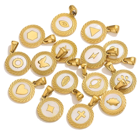 Pendentif Rond en Acier Inoxydable Plaqué Or 18K avec Coquillage Naturel pour Fabrication de Bijoux DIY Accessoires pour Femmes