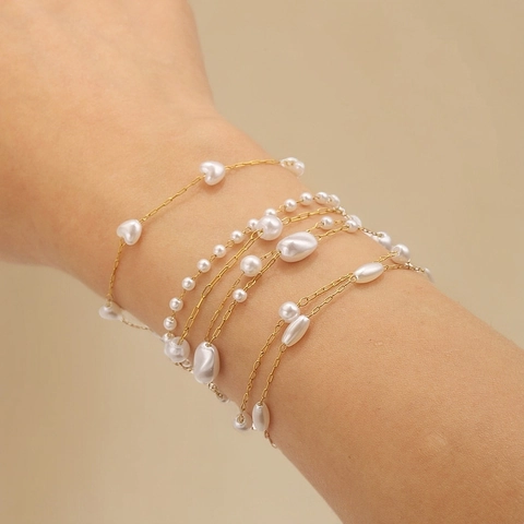 Ins Style Stainless Steel Artificial Pearl Necklace Bracelet Gold Plated Heart Round Charms DIY Jewelry Accessory For Women