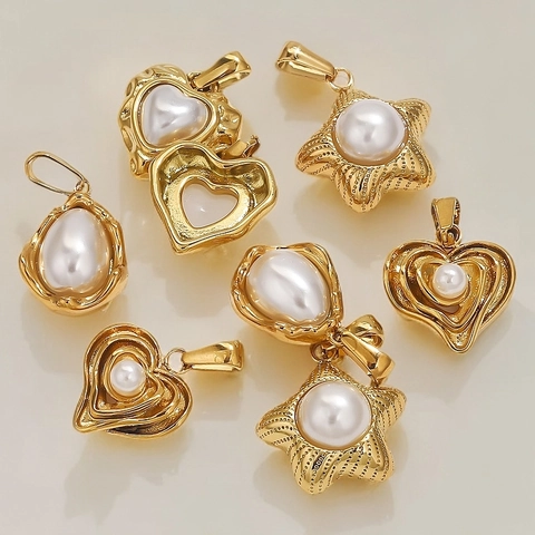 Vintage 18K Gold Plated Stainless Steel Pendant Only Without Chain Artificial Pearl Star Heart Teardrop Pendant For DIY Jewelry Making