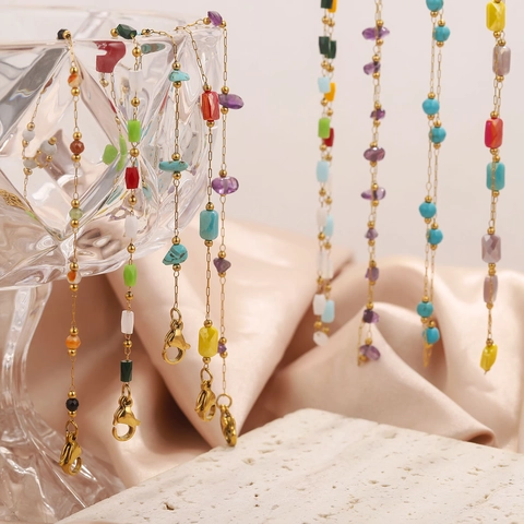 Minimalist Stainless Steel Natural Stone Necklace For Women Gold Plated Crystal Beaded Bracelet Bohemian Style Fashion Jewelry