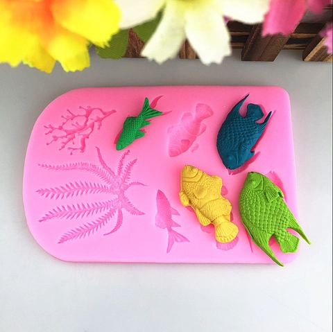 DIY Ocean Series Sea Fish Coral Seaweed Silicone Mold For Fondant Chocolate Candy Cake Decoration Baking Tool Pink Multi Cavity