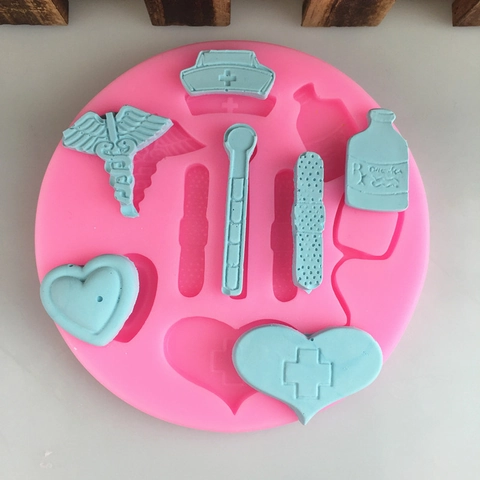 Molde de Silicona Herramientas de Enfermera Tema Médico Estetoscopio Frasco Gorro Fondant Chocolate Herramienta para Hornear Pastel