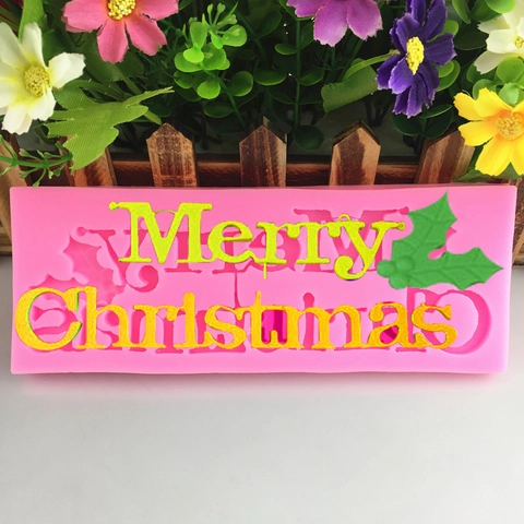 Καλούπι Σιλικόνης Με Γράμματα Merry Christmas Και Σχέδιο Φύλλων Λιόπρινου Για Ζαχαρόπαστα Σοκολάτα Διακόσμηση Τούρτας Ροζ