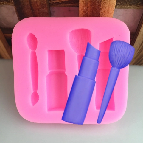 Molde de Silicona con Forma de Lápiz Labial y Brocha de Maquillaje para Decoración de Pasteles de Fondant DIY Chocolate Jabón