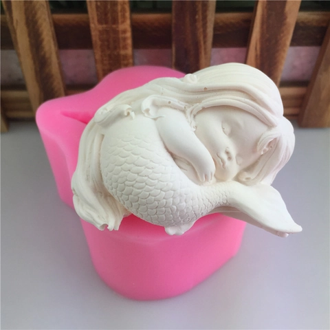 Sleeping Little Mermaid Silicone Mold For Fondant Cake Chocolate Handmade Soap Plaster Candle DIY Baking Tool Craft Pink