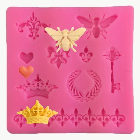Molde de Silicona para Pastel Fondant con Borde de Abeja Corona Corazón Llave Flor de Lis Relieve Retro Europeo para Hornear Chocolate