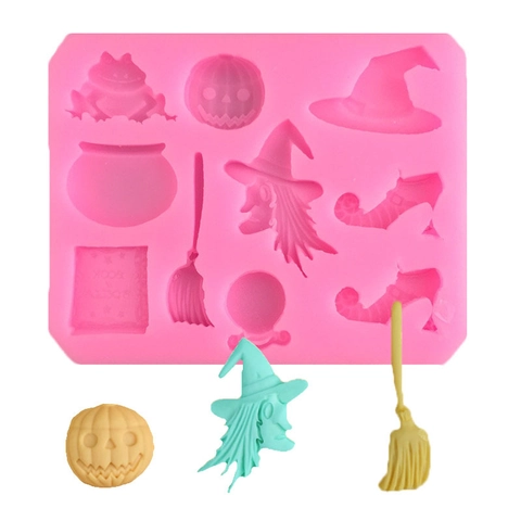 Halloween Silicone Mold Witch Pumpkin Broom Fondant Cake Decoration Tool Pink Silicone Baking Mold DIY Craft Mold