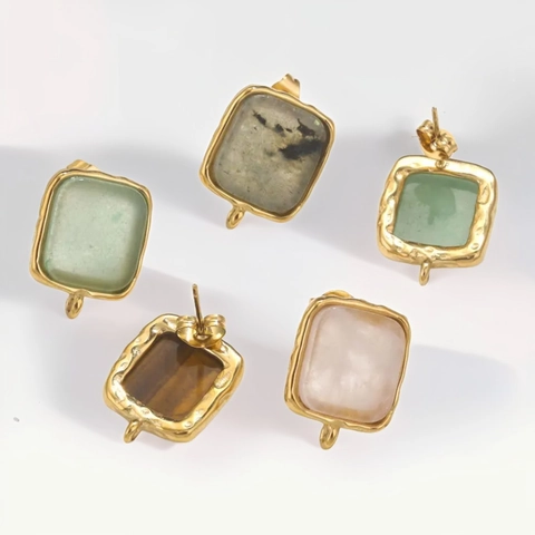 Stainless Steel Square Natural Stone Stud Earrings Gold Plated Hammered DIY Jewelry Findings For Women Stud Earrings