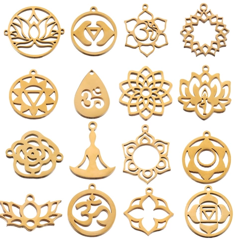 Stainless Steel Yoga Om Lotus Chakra Mandala DIY Pendants Gold Silver Finish Hollow Geometric Charms For Jewelry Making