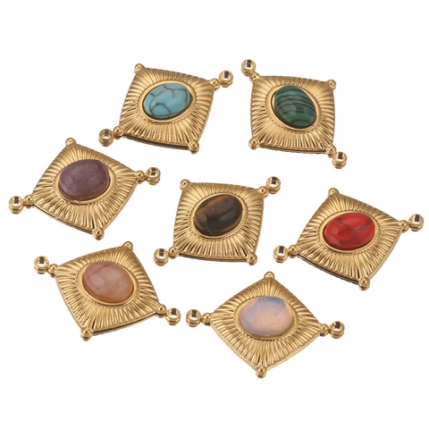 Vintage Roestvrij Staal Ruit Natuursteen Sieraden Connector Hanger Voor DIY Ketting Armband Maken Sieraden Accessoire