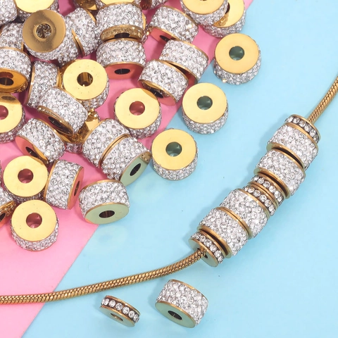 Stainless Steel Spacer Beads For DIY Jewelry Making Gold Plated Rhinestone Cylinder Beads For Bracelets Necklaces Accessory