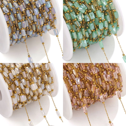 Cadena de Cuentas de Cristal de Acero Inoxidable Chapada en Oro 18K Cuentas Facetadas Iridiscentes para Fabricación de Joyas