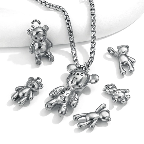 Retro Stainless Steel Bear Pendant Necklace Graffiti PEACE LOVE Letter Teddy Bear Charm Punk DIY Jewelry Men Women Accessory