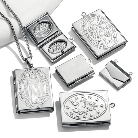 Vintage Stainless Steel Locket Pendant Book Envelope Shape For Photo Storage St Benedict Tree Of Life Religious Jewelry Accessory
