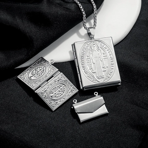 Vintage Stainless Steel Locket Pendant Book Envelope Shape For Photo Storage St Benedict Tree Of Life Religious Jewelry Accessory