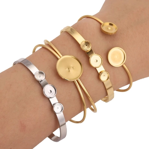 Gepolijst Roestvrij Staal DIY Armband Basis Ronde Bezel Tray Instelling Open Armring Voor Sieraden Maken