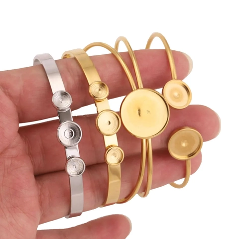 Gepolijst Roestvrij Staal DIY Armband Basis Ronde Bezel Tray Instelling Open Armring Voor Sieraden Maken