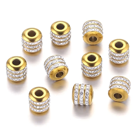 Perles d'Espacement en Acier Inoxydable Trois Rangs de Strass Cylindriques Plaquées Or pour Création de Bijoux DIY Tube