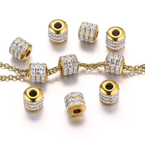 Perles d'Espacement en Acier Inoxydable Trois Rangs de Strass Cylindriques Plaquées Or pour Création de Bijoux DIY Tube
