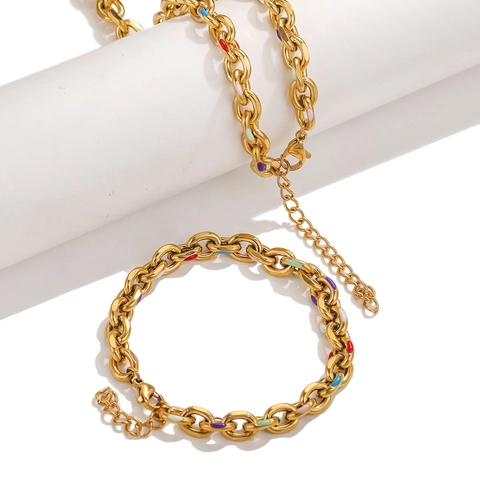 Stainless Steel Gold Plated Colorful Enamel Dot Chunky O-Chain Necklace Bracelet Jewelry Set For Women Men Fashion Accessories