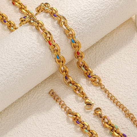 Stainless Steel Gold Plated Colorful Enamel Dot Chunky O-Chain Necklace Bracelet Jewelry Set For Women Men Fashion Accessories