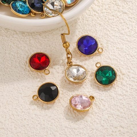 Luxury Round Glass Pendant Stainless Steel 18K Gold Plated Circular Inlaid Zirconia Charm For DIY Necklace Earring Making