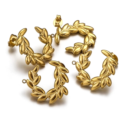 18K Gold Plated Stainless Steel C Shaped Wheat Ear Laurel Leaf Stud Earrings For Women Vintage Jewelry Making Findings