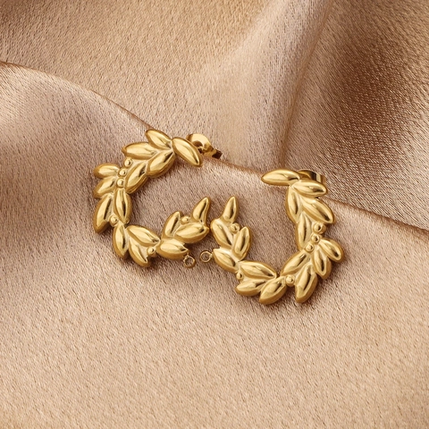 18K Gold Plated Stainless Steel C Shaped Wheat Ear Laurel Leaf Stud Earrings For Women Vintage Jewelry Making Findings