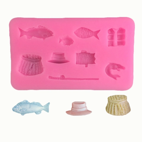 Stampo in Silicone a Tema Pesca per Decorazione Torte Fondente Pesce Canna da Pesca Cappello Cesto Strumento da Forno in Silicone Rosa Stampo per Resina e Cioccolato
