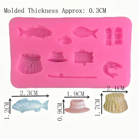 Stampo in Silicone a Tema Pesca per Decorazione Torte Fondente Pesce Canna da Pesca Cappello Cesto Strumento da Forno in Silicone Rosa Stampo per Resina e Cioccolato