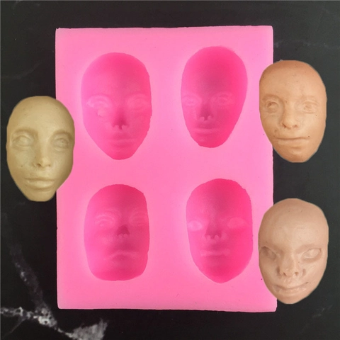 Pink Silicone Human Face Mold Four Cavity Face Shape Fondant Cake Decorating Tools DIY Handmade Craft Clay Soap Making Mold
