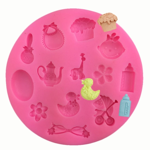 Baby Theme Silicone Fondant Cake Mold For DIY Baking Chocolate Baby Carriage Milk Bottle Duck Pink Pastry Decorating Tool