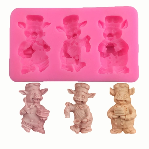 Cartoon Schweinekoch Silikon Fondant Kuchenform Rosa 3-Loch DIY Backwerkzeug Für Schokolade Süßigkeiten Seife Ton Dessert Dekor