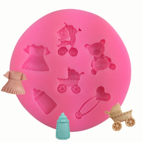 Molde de Silicona para Fondant Tema Bebé Rosa Formas de Cochecito Biberón Oso de Peluche Decoración de Pasteles Repostería