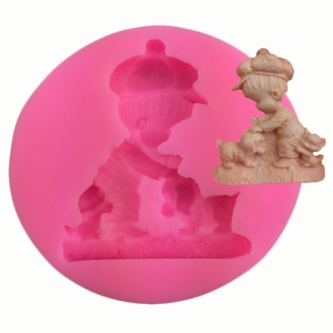 Molde de Silicona para Fondant Niño y Perro Redondo Rosa Herramienta de Repostería DIY Decoración de Pasteles Jabón Artesanal