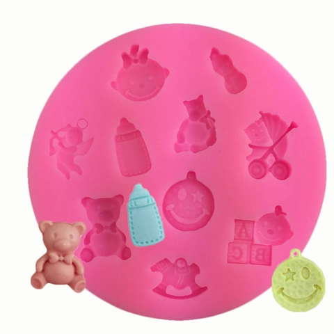 Molde de Silicona para Pasteles Fondant Baby Shower Oso Biberón Cochecito Formas DIY Herramienta de Horneado Chocolate Caramelo