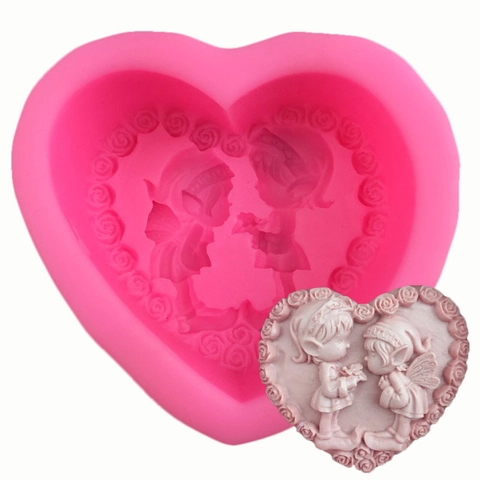 Herzförmige Engel Paar Silikonform Für Fondant Kuchen Schokolade Handgemachte Seife Kerze DIY Backwerkzeug Rosa Flexibel