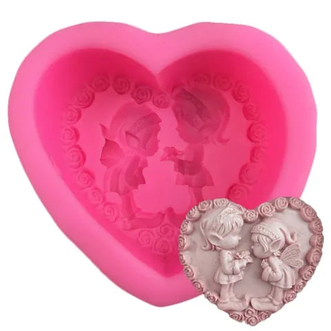Herzförmige Engel Paar Silikonform Für Fondant Kuchen Schokolade Handgemachte Seife Kerze DIY Backwerkzeug Rosa Flexibel