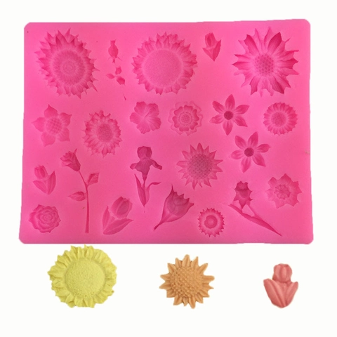 Stampo per Fondente in Silicone Multi Fiore Girasole Rosa Tulipano Margherita Strumento da Forno Fai da Te Decorazione per Torte