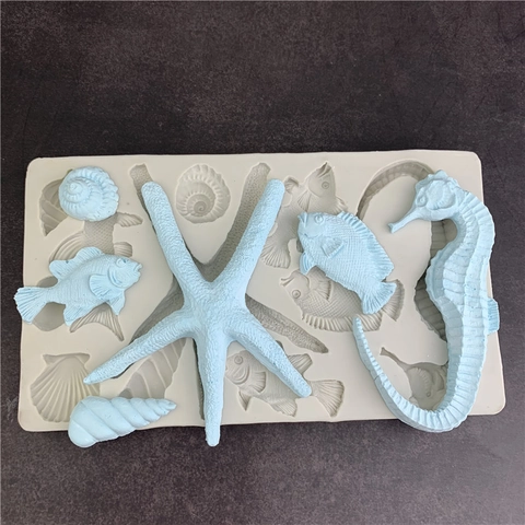 Molde de Silicona para Fondant de Mar Océano Estrella de Mar Caballito de Mar Concha Pez Decoración Pasteles Chocolate Gris