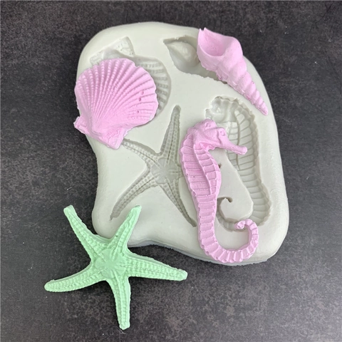 Molde de Silicona Vida Marina 4 Cavidades Formas de Estrella de Mar Hipocampo Concha para Decoración de Pasteles Chocolate Fondant Herramienta de Panadería DIY