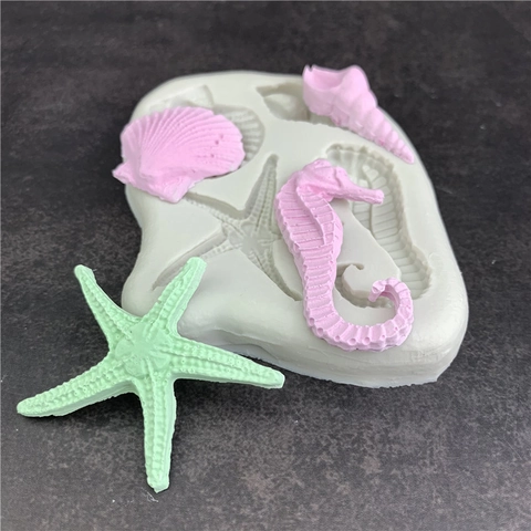 Molde de Silicona Vida Marina 4 Cavidades Formas de Estrella de Mar Hipocampo Concha para Decoración de Pasteles Chocolate Fondant Herramienta de Panadería DIY