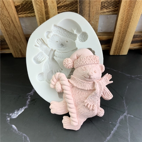 Weihnachtsbär Silikonform Fondant Schokolade DIY Gips Harz Handwerk Backwerkzeug Bär Mit Weihnachtsmütze Zuckerstange Form