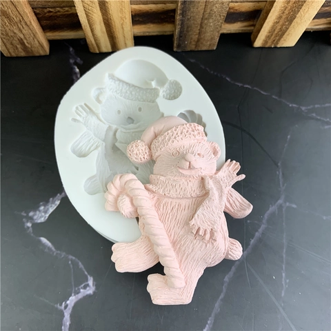 Weihnachtsbär Silikonform Fondant Schokolade DIY Gips Harz Handwerk Backwerkzeug Bär Mit Weihnachtsmütze Zuckerstange Form