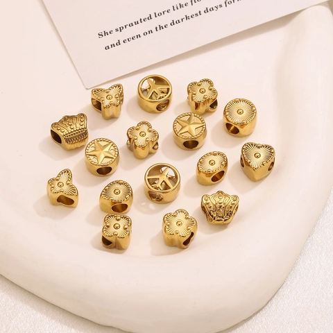 Stainless Steel 18K Gold Plated DIY Beads For Jewelry Making Hollow Heart Star Crown Spacer Beads Charm For Bracelet