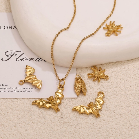 Stainless Steel Animal Pendants Gold Plated Bat Spider Cicada Charms For DIY Necklace Bracelet Making Halloween Jewelry