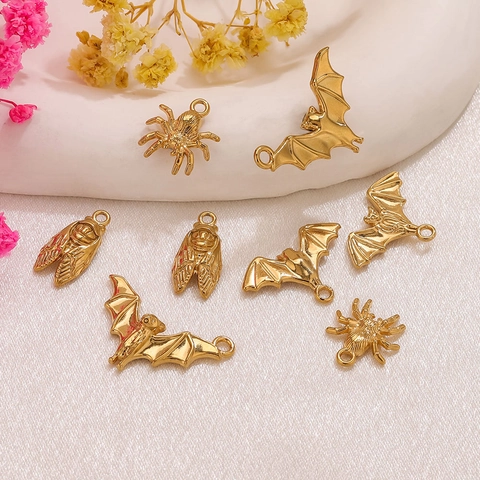 Stainless Steel Animal Pendants Gold Plated Bat Spider Cicada Charms For DIY Necklace Bracelet Making Halloween Jewelry