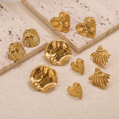 Vintage 18K Gold Plated Stainless Steel Hammered Texture Stud Earrings Geometric Heart Round Cluster Earrings For Women Jewelry