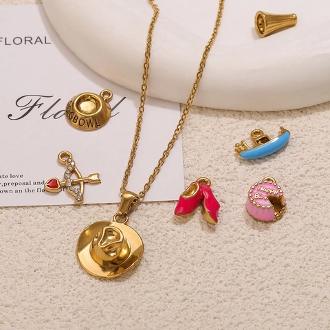 Stainless Steel Rhinestone Enamel Pendant Charms DIY Necklace Earring Making Cupid Arrow Cake Dog Bowl Jewelry Accessories